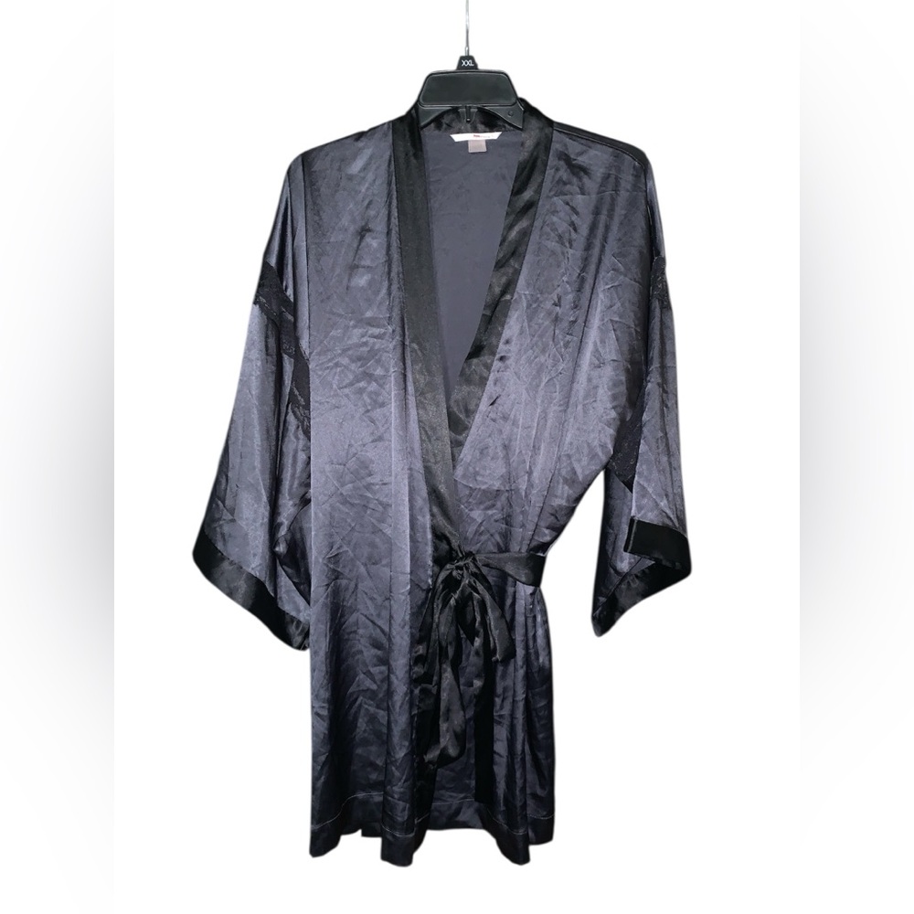 Vintage Y2K 2010 Victorias Secret Black Satin Kimono With‎ Laze XS